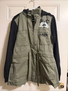 Desigual Olive Green and Black Mickey Combined Parka